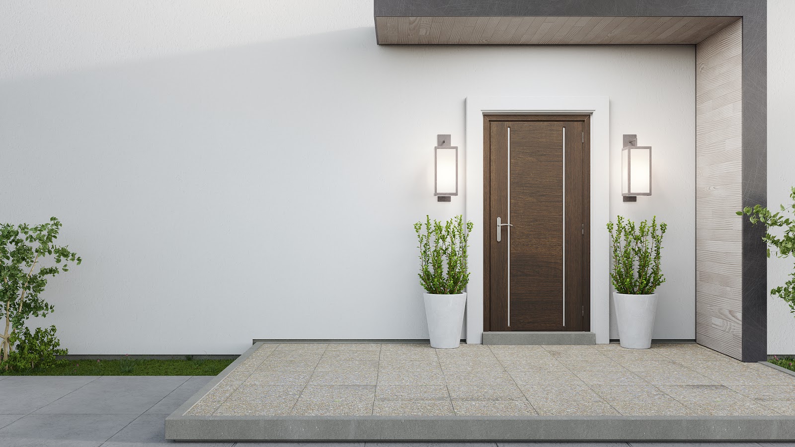 Solid wooden front door with plants on both sides