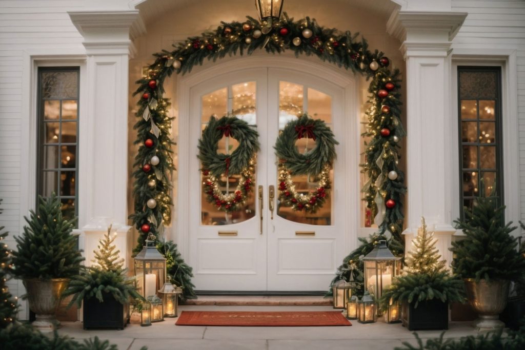 Double door grand entrance with wreaths, garlands, candles, and lights