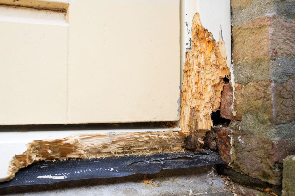 An exterior door showing significant wood rot on the bottom of the door’s frame