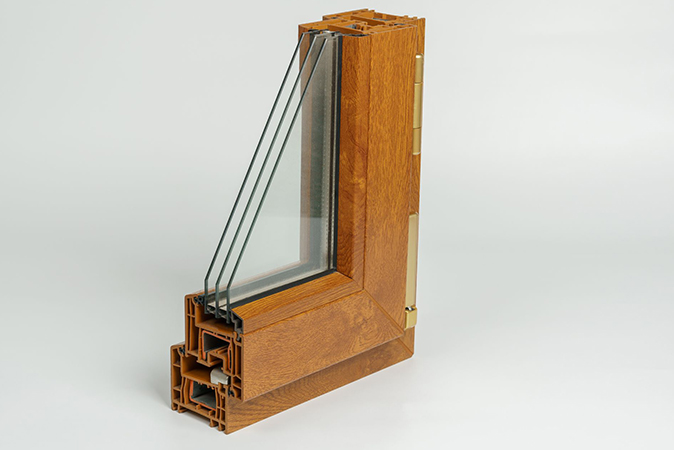 A cut out of a vinyl triple pane window