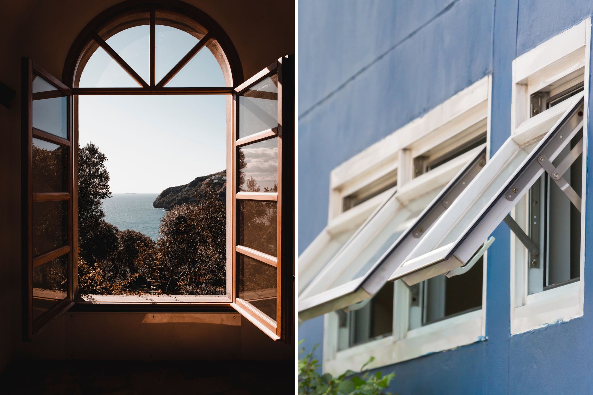 A side-by-side collage of a casement and awning window